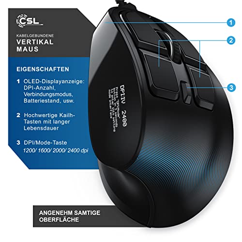 CSL - Gaming vertikale Maus mit OLED Display 2400 DPI - programmierbare Tasten - Office Mouse – mit Kabel - kabelgebunden - gegen Mausarm - mit Kailh Switche - Vertikalmaus ergonomisches Design Bild 4