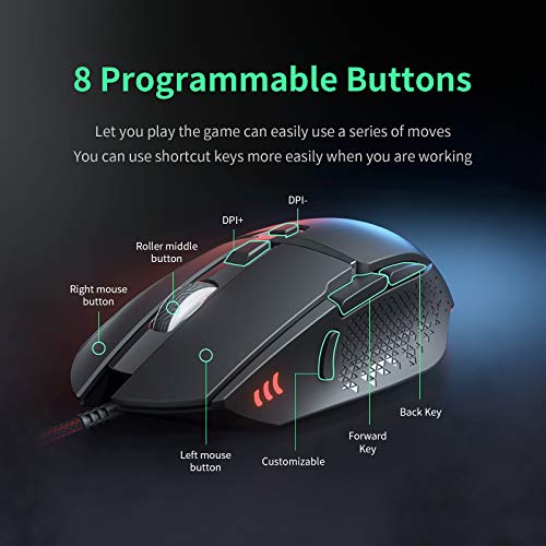 Gaming Maus 7200 DPI Einstellbarer USB RGB Led Gaming Mäuse für Große Hände, 8 Programmierbare PC Maus, Ergonomische Desktop Computer Laptop PC Gamer Gaming Mouse mit 1,67m Geflochtenen Kabel Bild 4
