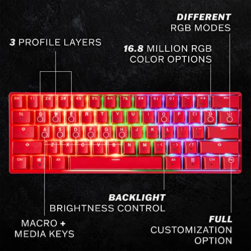 HK Gaming GK61 mechanische 60 Prozent Tastatur | 61 programmierbare Tasten mit RGB Beleuchtung | Kompatibel mit Windows PC & Mac | QWERTY Layout | Hotswap Gateron Optical Silver Switches | Rot Bild 2