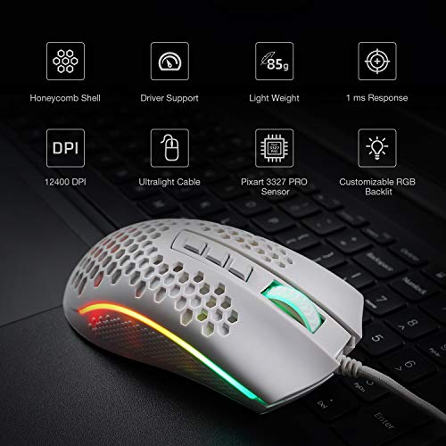 Redragon M808 Storm Leichtgewicht RGB Gaming Maus, 85g Ultraleichte Waben Design - 12.400 DPI Optischer Sensor - 7 Programmierbare Tasten - Präzise Registrierung - Super-Light-Kabel (Weiß) Bild 3