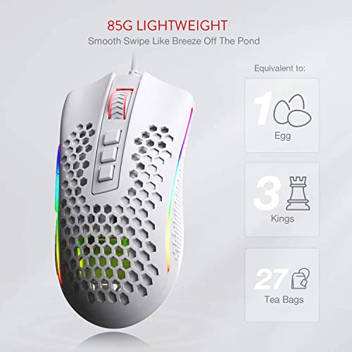 Redragon M808 Storm Leichtgewicht RGB Gaming Maus, 85g Ultraleichte Waben Design - 12.400 DPI Optischer Sensor - 7 Programmierbare Tasten - Präzise Registrierung - Super-Light-Kabel (Weiß) Bild 4