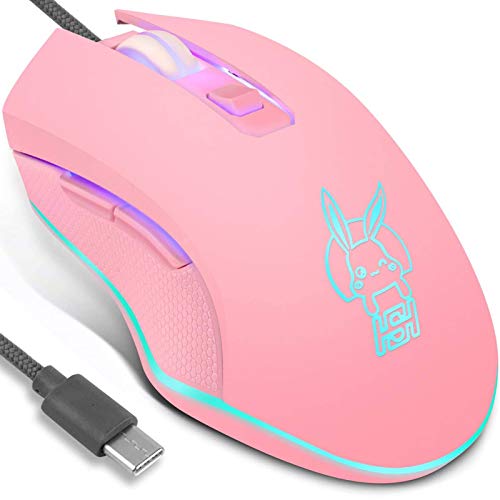 IULONEE Kabelgebundene Gaming-Maus USB C geräuscharmes Klicken 7 Farben Hintergrundbeleuchtung optische Typ-C Gaming-Maus mit 2400 DPI und 6 Tasten für PC Computer Laptop Desktop Mac (Pink) Bild 1