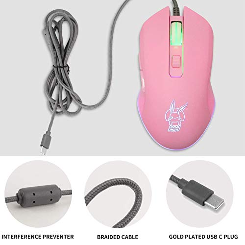 IULONEE Kabelgebundene Gaming-Maus USB C geräuscharmes Klicken 7 Farben Hintergrundbeleuchtung optische Typ-C Gaming-Maus mit 2400 DPI und 6 Tasten für PC Computer Laptop Desktop Mac (Pink) Bild 3