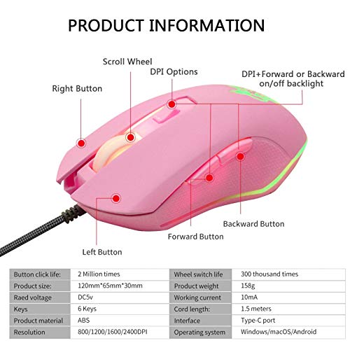 IULONEE Kabelgebundene Gaming-Maus USB C geräuscharmes Klicken 7 Farben Hintergrundbeleuchtung optische Typ-C Gaming-Maus mit 2400 DPI und 6 Tasten für PC Computer Laptop Desktop Mac (Pink) Bild 5