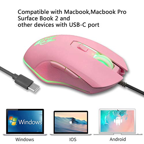 IULONEE Kabelgebundene Gaming-Maus USB C geräuscharmes Klicken 7 Farben Hintergrundbeleuchtung optische Typ-C Gaming-Maus mit 2400 DPI und 6 Tasten für PC Computer Laptop Desktop Mac (Pink) Bild 6