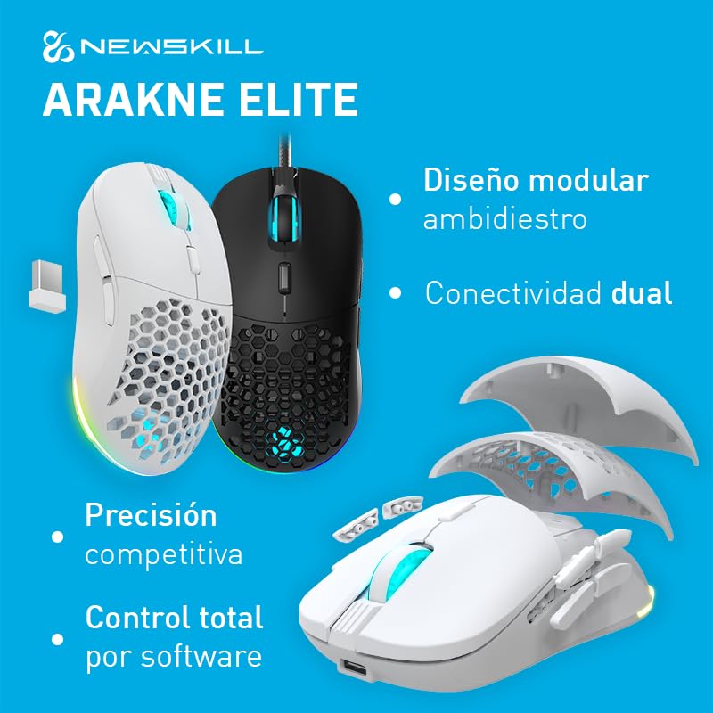 Newskill Arakne Elite Professionelle Gaming-Maus, RGB, 16.000 DPI, beidseitiges Design, seitliche Tasten und obere Abdeckung, Schwarz Bild 4