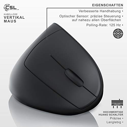 CSL Optische Wireless kabellos Funk Maus, Bluetooth + 2,4 Ghz Funk - vertikale Ausführung, Ergonomisches Design, Vorbeugung gegen Mausarm Tennisarm, Besonders armschonend, 5 Tasten schwarz Bild 2
