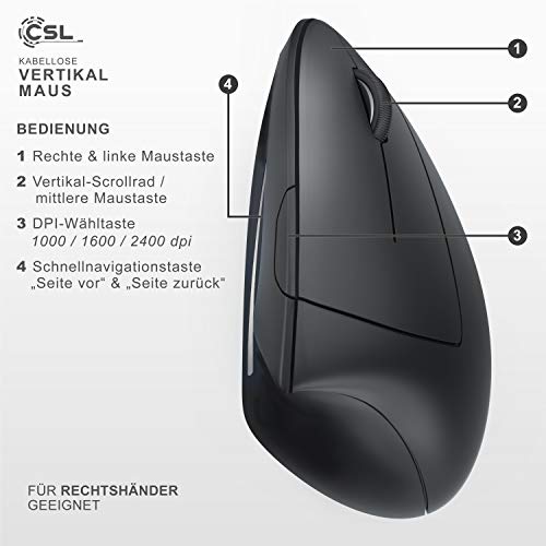 CSL Optische Wireless kabellos Funk Maus, Bluetooth + 2,4 Ghz Funk - vertikale Ausführung, Ergonomisches Design, Vorbeugung gegen Mausarm Tennisarm, Besonders armschonend, 5 Tasten schwarz Bild 3