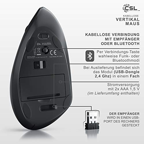 CSL Optische Wireless kabellos Funk Maus, Bluetooth + 2,4 Ghz Funk - vertikale Ausführung, Ergonomisches Design, Vorbeugung gegen Mausarm Tennisarm, Besonders armschonend, 5 Tasten schwarz Bild 4