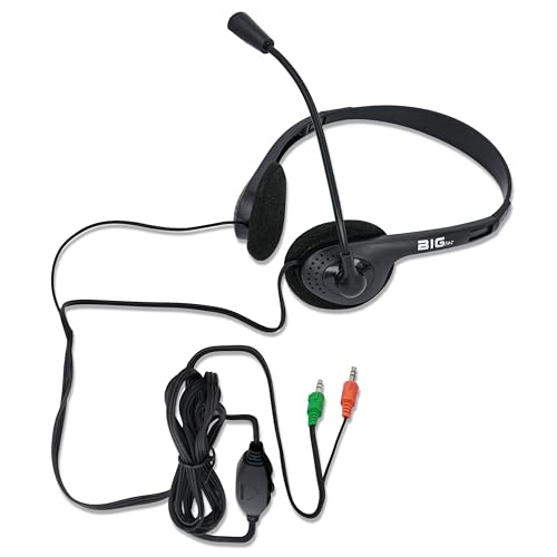 BIGtec Headset mit Mikrofon Stereo 2X Klinke 3,5mm Anschluß, leicht, verstellbar, Flexibler Mikro Arm, Lautstärkeregler 1,8m Kabel PC Computer Laptop Gaming Büro Home Office Bild 2