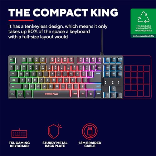 Trust Gaming Tastatur mit TKL-Design GXT 833 Thado - Beleuchtete Tastatur mit Deutsches QWERTZ Layout, Anti-Ghosting, Mehrfarbige LED-Beleuchtung, 12 Media-Tasten, USB Plug & Play, PC/Laptop Bild 2