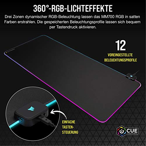 Corsair MM700 Extended Cloth Gaming-Mauspad, 930mm x 400mm, 360° RGB-Beleuchtung, Zwei USB-Port-Hub, Dickes Gummi, Schwarz Bild 5