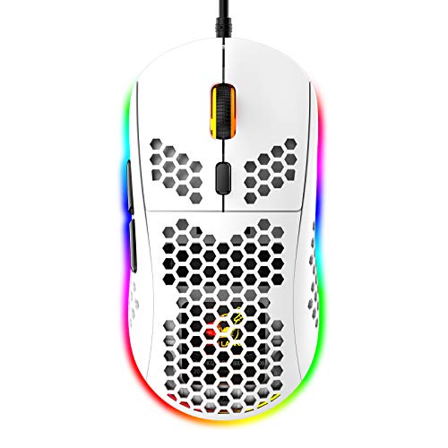 RGB Bienenwabe Leicht Gaming-Maus, 6 Programmierbare Tasten, 6 RGB-Hintergrundbeleuchtungsmodi und 6400 DPI Einstellbar, USB-Kabel, Plug & Play, Kompatibel mit Windows, Mac, Laptop, PS4, XBox Weiß Bild 1