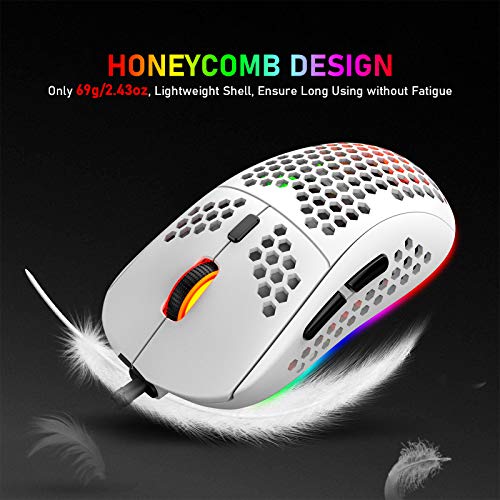 RGB Bienenwabe Leicht Gaming-Maus, 6 Programmierbare Tasten, 6 RGB-Hintergrundbeleuchtungsmodi und 6400 DPI Einstellbar, USB-Kabel, Plug & Play, Kompatibel mit Windows, Mac, Laptop, PS4, XBox Weiß Bild 2