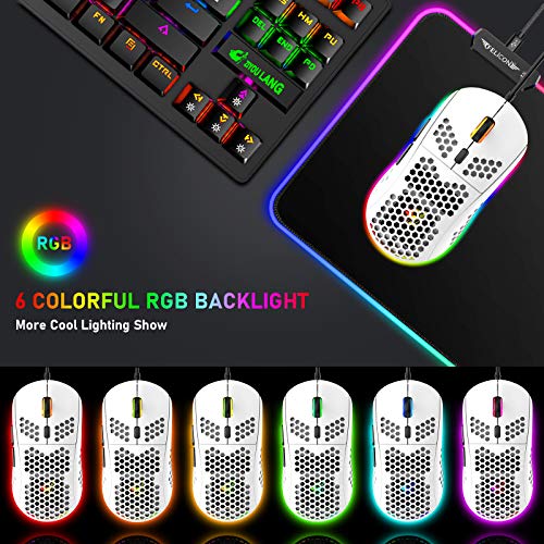 RGB Bienenwabe Leicht Gaming-Maus, 6 Programmierbare Tasten, 6 RGB-Hintergrundbeleuchtungsmodi und 6400 DPI Einstellbar, USB-Kabel, Plug & Play, Kompatibel mit Windows, Mac, Laptop, PS4, XBox Weiß Bild 3