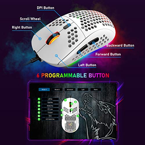 RGB Bienenwabe Leicht Gaming-Maus, 6 Programmierbare Tasten, 6 RGB-Hintergrundbeleuchtungsmodi und 6400 DPI Einstellbar, USB-Kabel, Plug & Play, Kompatibel mit Windows, Mac, Laptop, PS4, XBox Weiß Bild 4