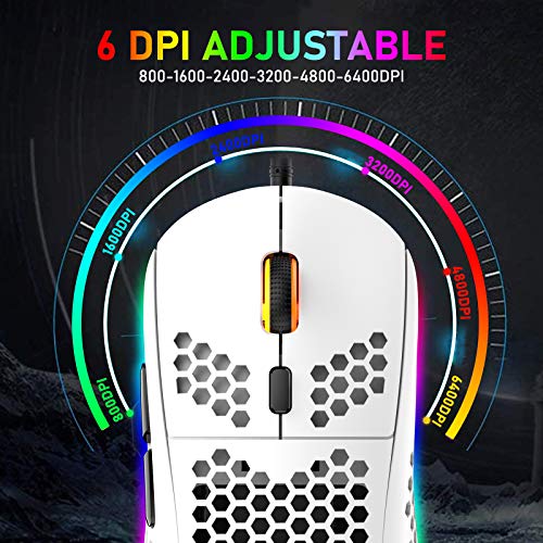 RGB Bienenwabe Leicht Gaming-Maus, 6 Programmierbare Tasten, 6 RGB-Hintergrundbeleuchtungsmodi und 6400 DPI Einstellbar, USB-Kabel, Plug & Play, Kompatibel mit Windows, Mac, Laptop, PS4, XBox Weiß Bild 6