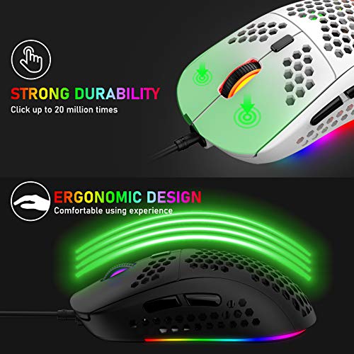 RGB Bienenwabe Leicht Gaming-Maus, 6 Programmierbare Tasten, 6 RGB-Hintergrundbeleuchtungsmodi und 6400 DPI Einstellbar, USB-Kabel, Plug & Play, Kompatibel mit Windows, Mac, Laptop, PS4, XBox Weiß Bild 7