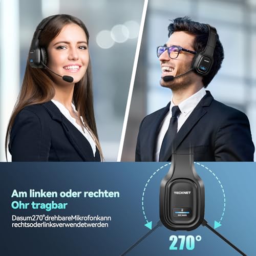 TECKNET Kabellose Bluetooth-Kopfhörer mit Mikrofon, Geräuschunterdrückung, 55 Stunden Akkulaufzeit für PC, Laptop, Computer, Callcenter, Telefone, Skype, Büro, Zoom, LKW-Fahrer Bild 3