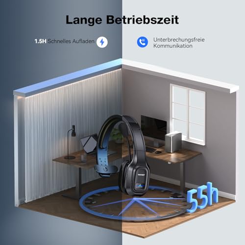 TECKNET Kabellose Bluetooth-Kopfhörer mit Mikrofon, Geräuschunterdrückung, 55 Stunden Akkulaufzeit für PC, Laptop, Computer, Callcenter, Telefone, Skype, Büro, Zoom, LKW-Fahrer Bild 4