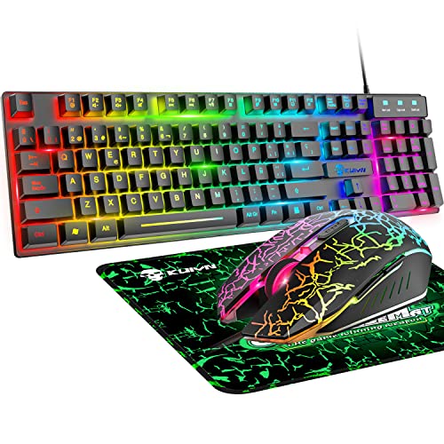 Gaming-Tastatur und Maus, RGB-Hintergrundbeleuchtung, ergonomisch, USB, mechanische Haptik, Gaming-Tastatur + 2400 DPI, 6 Tasten, optische Regenbogen-LED-USB-Maus + gratis Gaming-Mauspads für PC, PS4 Bild 1