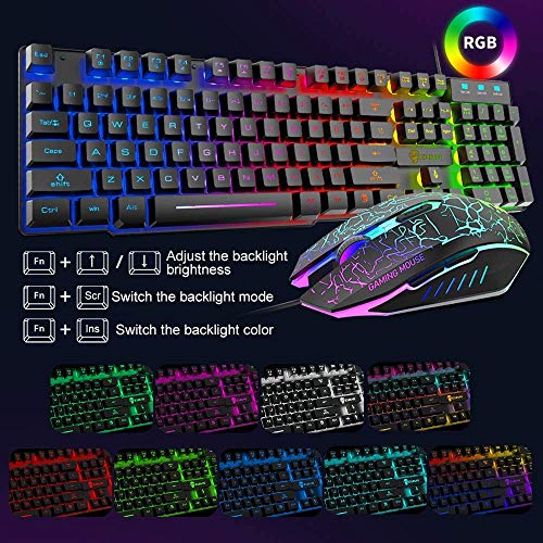 Gaming-Tastatur und Maus, RGB-Hintergrundbeleuchtung, ergonomisch, USB, mechanische Haptik, Gaming-Tastatur + 2400 DPI, 6 Tasten, optische Regenbogen-LED-USB-Maus + gratis Gaming-Mauspads für PC, PS4 Bild 2