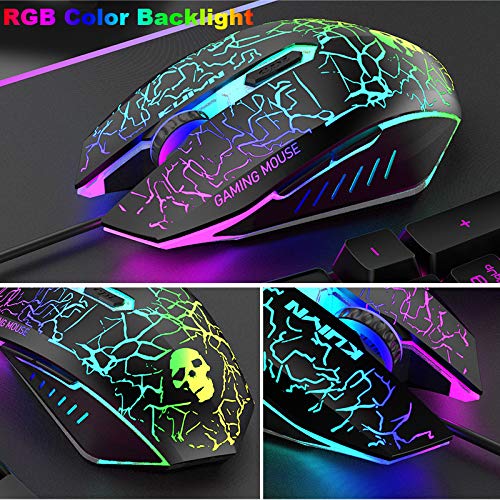 Gaming-Tastatur und Maus, RGB-Hintergrundbeleuchtung, ergonomisch, USB, mechanische Haptik, Gaming-Tastatur + 2400 DPI, 6 Tasten, optische Regenbogen-LED-USB-Maus + gratis Gaming-Mauspads für PC, PS4 Bild 3