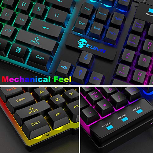 Gaming-Tastatur und Maus, RGB-Hintergrundbeleuchtung, ergonomisch, USB, mechanische Haptik, Gaming-Tastatur + 2400 DPI, 6 Tasten, optische Regenbogen-LED-USB-Maus + gratis Gaming-Mauspads für PC, PS4 Bild 4