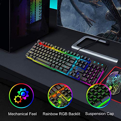 Gaming-Tastatur und Maus, RGB-Hintergrundbeleuchtung, ergonomisch, USB, mechanische Haptik, Gaming-Tastatur + 2400 DPI, 6 Tasten, optische Regenbogen-LED-USB-Maus + gratis Gaming-Mauspads für PC, PS4 Bild 5