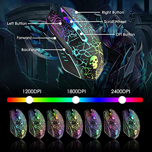 Gaming-Tastatur und Maus, RGB-Hintergrundbeleuchtung, ergonomisch, USB, mechanische Haptik, Gaming-Tastatur + 2400 DPI, 6 Tasten, optische Regenbogen-LED-USB-Maus + gratis Gaming-Mauspads für PC, PS4 Bild 6