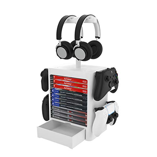 Game Storage Tower Ständer für PS5, Vertikaler Game Disk Tower für 10 CD und 4 Controller und 2 Headset, CD Speicherhalter Disc Rack mit Schublade für PS5 PS4 Und Andere Spieletaschen Bild 1