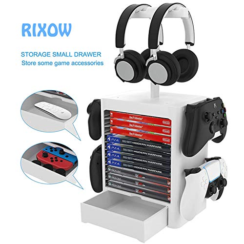 Game Storage Tower Ständer für PS5, Vertikaler Game Disk Tower für 10 CD und 4 Controller und 2 Headset, CD Speicherhalter Disc Rack mit Schublade für PS5 PS4 Und Andere Spieletaschen Bild 5