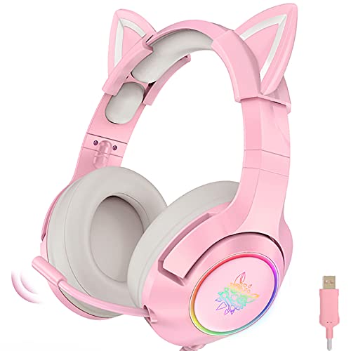 Gaming-Headset Pink, Niedliches Katzenohr-Headset, 7.1-Surround-Sound-Gaming-Headset Mit Einstellbarer Geräuschunterdrückung, Led-licht, Einziehbarem Mikrofon Und Abnehmbarem Katzenohr Bild 1