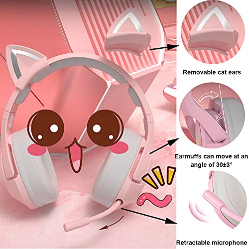 Gaming-Headset Pink, Niedliches Katzenohr-Headset, 7.1-Surround-Sound-Gaming-Headset Mit Einstellbarer Geräuschunterdrückung, Led-licht, Einziehbarem Mikrofon Und Abnehmbarem Katzenohr Bild 2