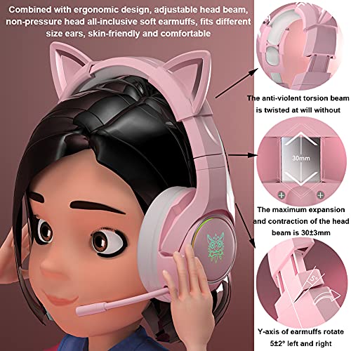 Gaming-Headset Pink, Niedliches Katzenohr-Headset, 7.1-Surround-Sound-Gaming-Headset Mit Einstellbarer Geräuschunterdrückung, Led-licht, Einziehbarem Mikrofon Und Abnehmbarem Katzenohr Bild 3