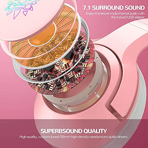 Gaming-Headset Pink, Niedliches Katzenohr-Headset, 7.1-Surround-Sound-Gaming-Headset Mit Einstellbarer Geräuschunterdrückung, Led-licht, Einziehbarem Mikrofon Und Abnehmbarem Katzenohr Bild 4