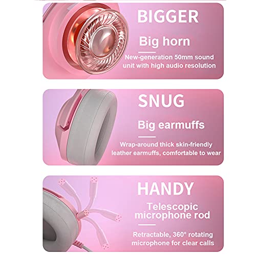 Gaming-Headset Pink, Niedliches Katzenohr-Headset, 7.1-Surround-Sound-Gaming-Headset Mit Einstellbarer Geräuschunterdrückung, Led-licht, Einziehbarem Mikrofon Und Abnehmbarem Katzenohr Bild 5