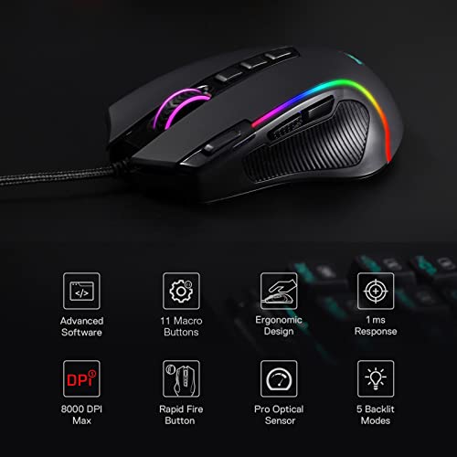 Redragon M612 Predator RGB Gaming Maus, 8000 DPI kabelgebundene optische Maus mit 11 programmierbaren Tasten & 5 Hintergrundbeleuchtungsmodi, Software unterstützt DIY Keybinds Rapid Bild 3