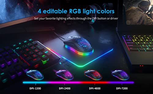 Gaming Maus mit Waben, 7200 DPI Einstellbarer Leichte USB Honeycomb Gaming Mäuse RGB, 7 Programmierbare Tasten Laptop Computer Ergonomische PC Gamer Gaming Mouse mit 1,67m Geflochtenen Kabel Bild 2