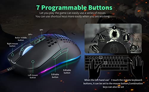 Gaming Maus mit Waben, 7200 DPI Einstellbarer Leichte USB Honeycomb Gaming Mäuse RGB, 7 Programmierbare Tasten Laptop Computer Ergonomische PC Gamer Gaming Mouse mit 1,67m Geflochtenen Kabel Bild 4
