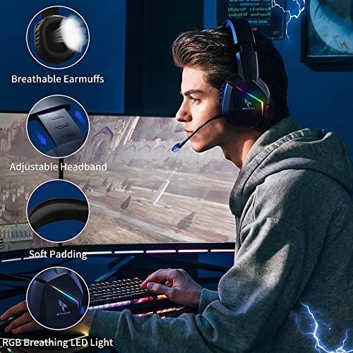 Somic 2.4G Wireless-Gaming-Headset für PS4, PS5, PC mit abnehmbarem Mikrofon und RGB-Regenbogen-LED, Surround-Sound, Bass, Over-Ear-Kopfhörer mit Spiel/Audio/Live-Broadcast-Soundmodus Bild 5