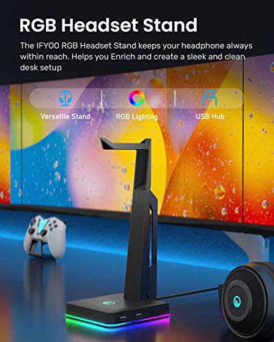 RGB Gaming Headset Ständer mit 2 USB Ports, Game Kopfhörer Halterung für PC, Xbox One, PS4, Switch, Earphone Holder, Ausgefallenes Schreibtisch Gamer Zubehör, Headphone Halter Bild 3