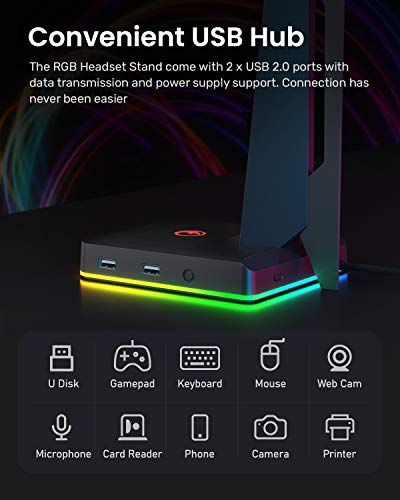 RGB Gaming Headset Ständer mit 2 USB Ports, Game Kopfhörer Halterung für PC, Xbox One, PS4, Switch, Earphone Holder, Ausgefallenes Schreibtisch Gamer Zubehör, Headphone Halter Bild 5