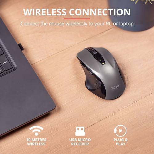 Trust Nito Kabellose Maus, Ergonomische Komfortable Funkmaus mit Daumenablage, USB-Mikroempfänger, 800-2200 DPI, 6 Tasten, Batterie Enthalten, PC Mac Computer Laptop MacBook Chromebook, Schwarz Bild 2
