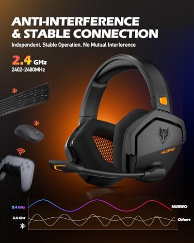 NUBWO G06 Dual Wireless Gaming Headset mit Mikrofon für PS5, PS4, PC, Mobile: 2.4 GHz Wireless + Bluetooth - 100 Stunden - 50mm -Treiber - Orange Bild 2