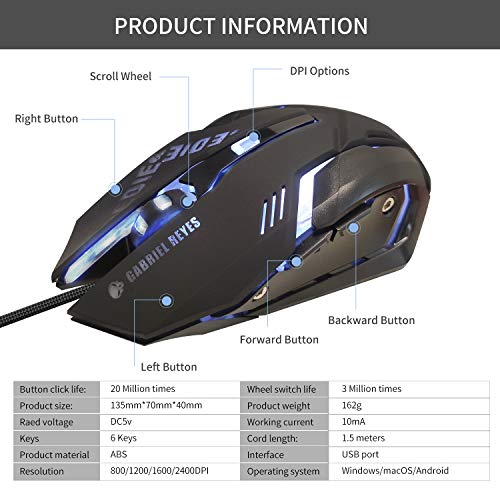 IULONEE Wired Gaming Mouse USB Silent Click Komfortabel Gamer-Mäuse mit Hintergrundbeleuchtung Ergonomische Maus in voller Größe 3200 DPI für PC Computer Laptop Desktop (Schwarz) Bild 5