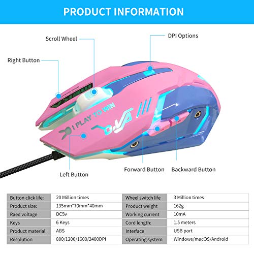 IULONEE Wired Gaming Mouse USB Silent 7 Farben Optische Spielmäuse mit Hintergrundbeleuchtung Ergonomische Maus in voller Größe 3200 DPI für PC Computer Laptop Desktop (Pink und Blau) Bild 5