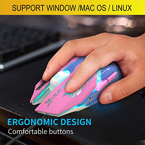 IULONEE Wired Gaming Mouse USB Silent 7 Farben Optische Spielmäuse mit Hintergrundbeleuchtung Ergonomische Maus in voller Größe 3200 DPI für PC Computer Laptop Desktop (Pink und Blau) Bild 6