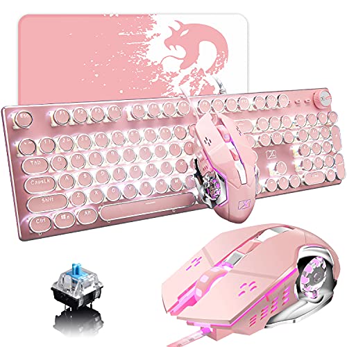 USB-Tastatur mit Kabel, mechanisch, blauer Schalter, Retro, Steampunk, Vintage, Schreibmaschinen-Stil, weiße LED-Hintergrundbeleuchtung, 104 Tasten, Anti-Ghosting + 2400 dpi, 6 Tasten, Gaming-Maus Bild 1