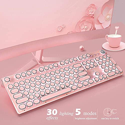 USB-Tastatur mit Kabel, mechanisch, blauer Schalter, Retro, Steampunk, Vintage, Schreibmaschinen-Stil, weiße LED-Hintergrundbeleuchtung, 104 Tasten, Anti-Ghosting + 2400 dpi, 6 Tasten, Gaming-Maus Bild 2